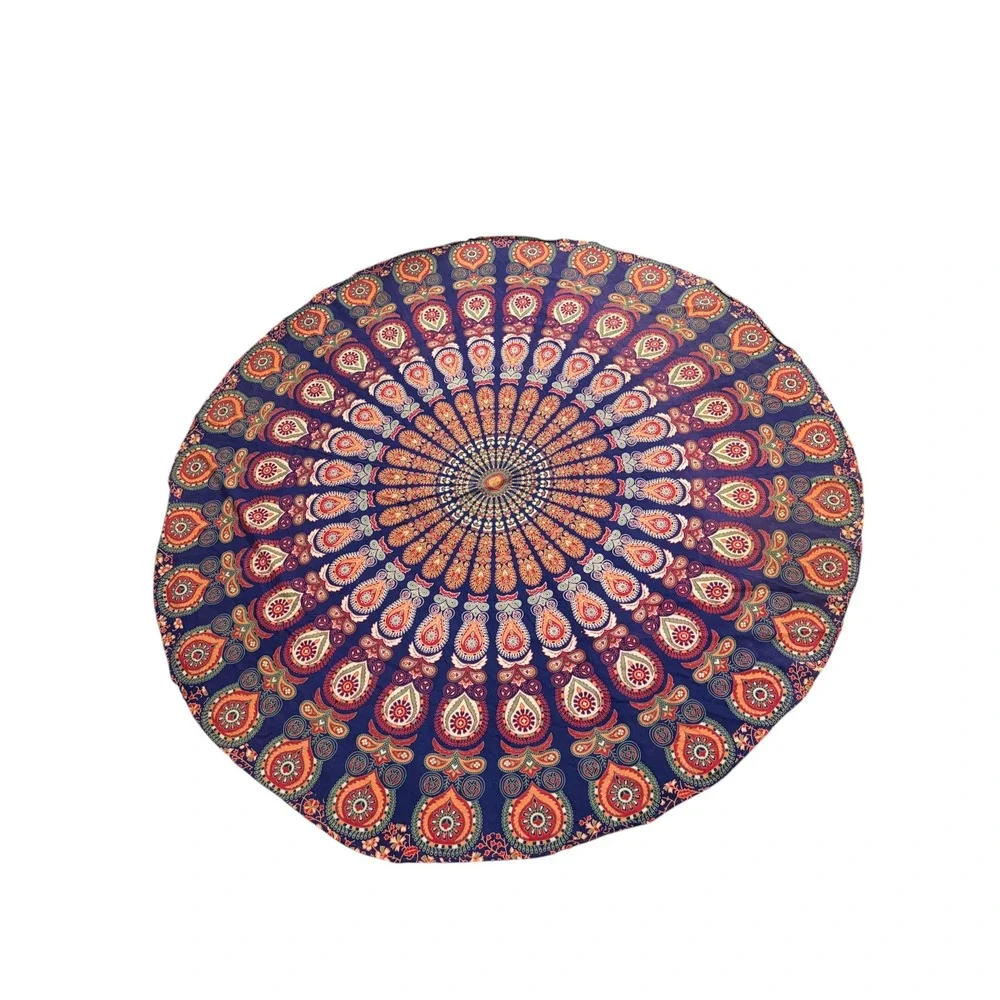 Round Mandala Tapestry Tablecloth Blue Orange Paisley Boho Wall Hanging 70 Inch